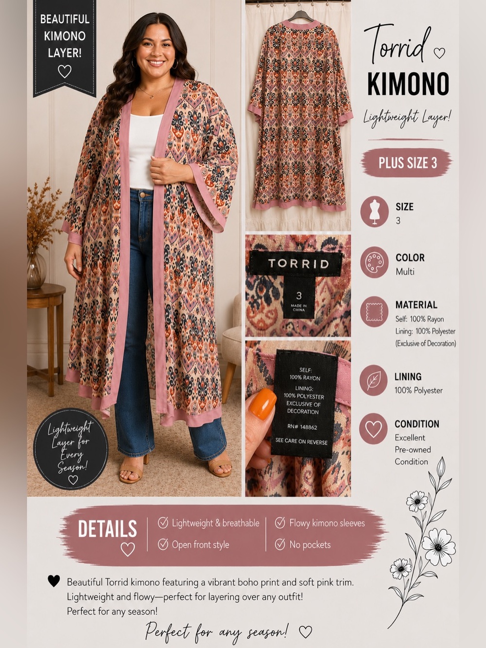 torrid Multi-Pattern Boho Kimono with Pink Trim